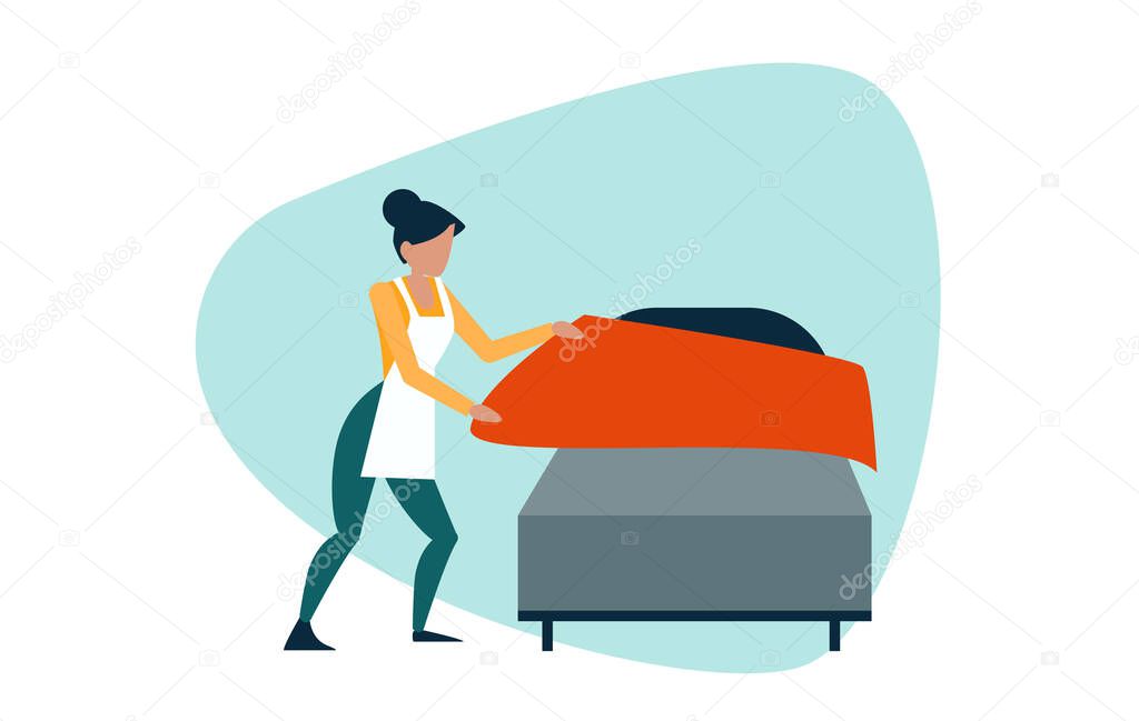 Vector of a young woman, a maid  making the bed in the room