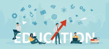 İnternetten öğrenen, kitap okuyan bir grup gencin vektörü 