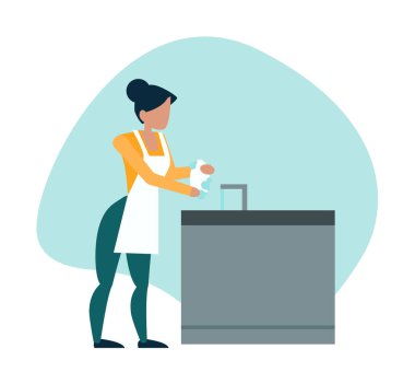 Kadın ev hanımı vektörü mutfakta bulaşık yıkıyor.