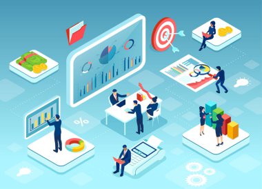 İş adamlarının finansal grafiklerle etkileşime giren ve pazar istatistikleri ve eğilimlerini analiz eden Isometric vektörü 