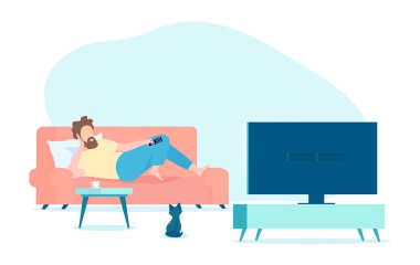 Kanepede oturup televizyon izleyen genç bir adamın vektörü..