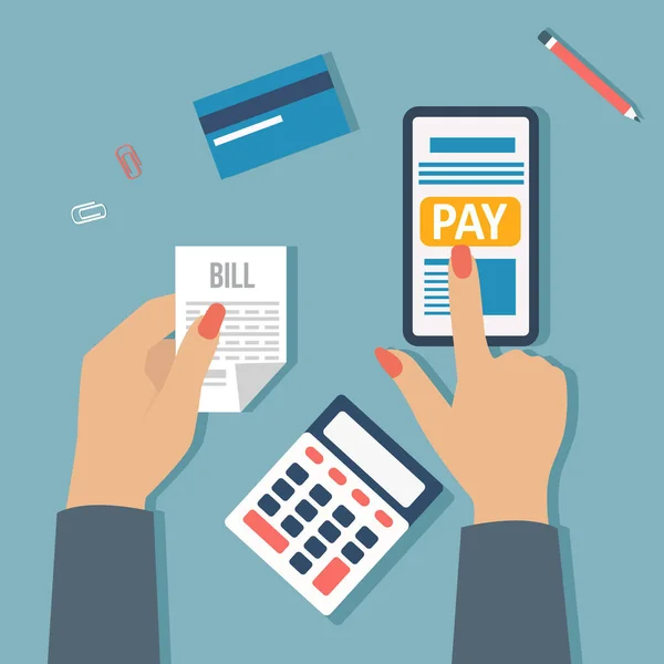 Koncepcja Płatności Mobilnych Wektor Przedsiębiorcy Płacącego Rachunki Przez Internet Pomocą — Wektor stockowy