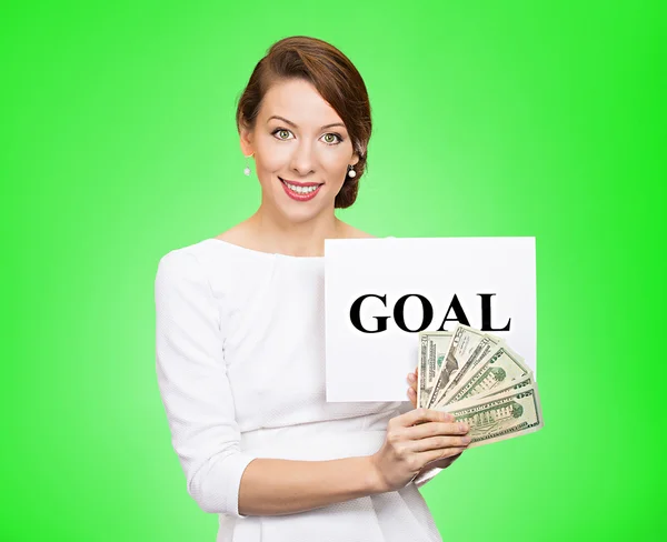Businesswoman holding goal sign and cash, money — Stock Photo, Image