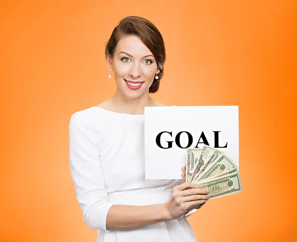 Businesswoman holding goal sign and cash, money — Stock Photo, Image