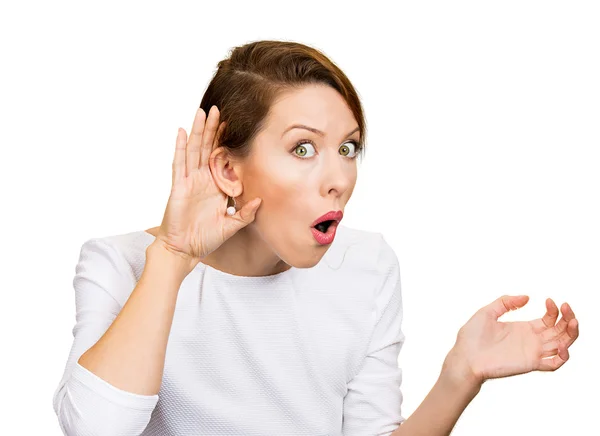 Nosy woman hand to ear gesture, trying carefully listen in on ju — Stock Photo, Image