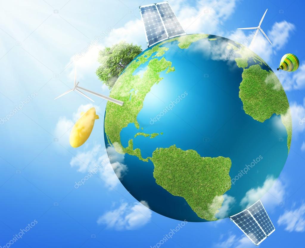 Green planet earth with solar energy batteries