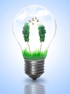 doğal enerji kavramı. ampul ile yaz çayır, ağaçlar ve 