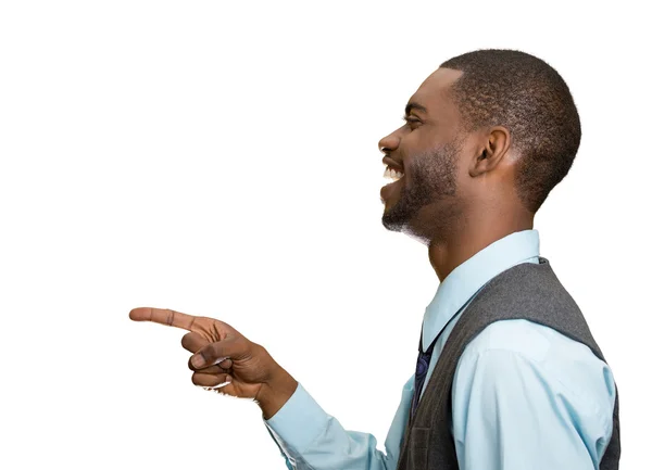 Man, laughing, pointing with finger at someone — Stock Photo, Image