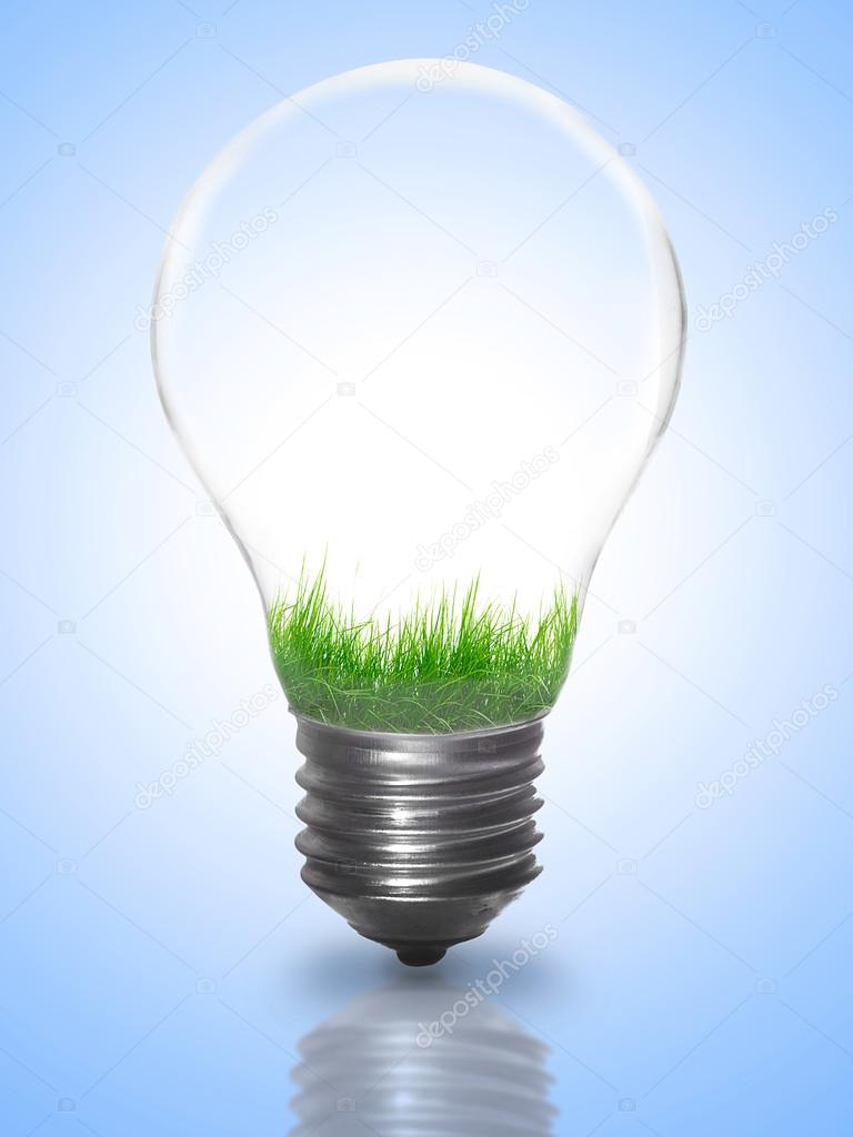 Natural energy concept. Lightbulb with summer meadow, trees and 