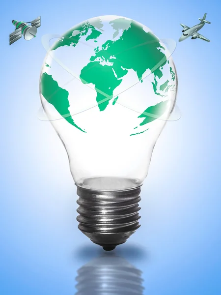 Ampoule lumineuse avec globe, carte de la terre verte, avions volants, espace, ou — Photo