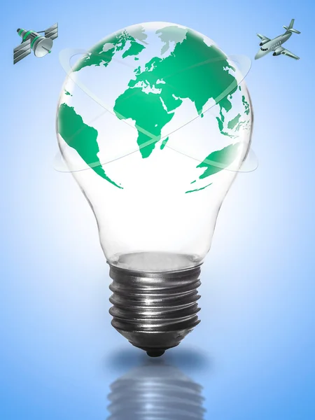 Bulb light with globe, green earth map, flying planes, space, or — Stock Photo, Image