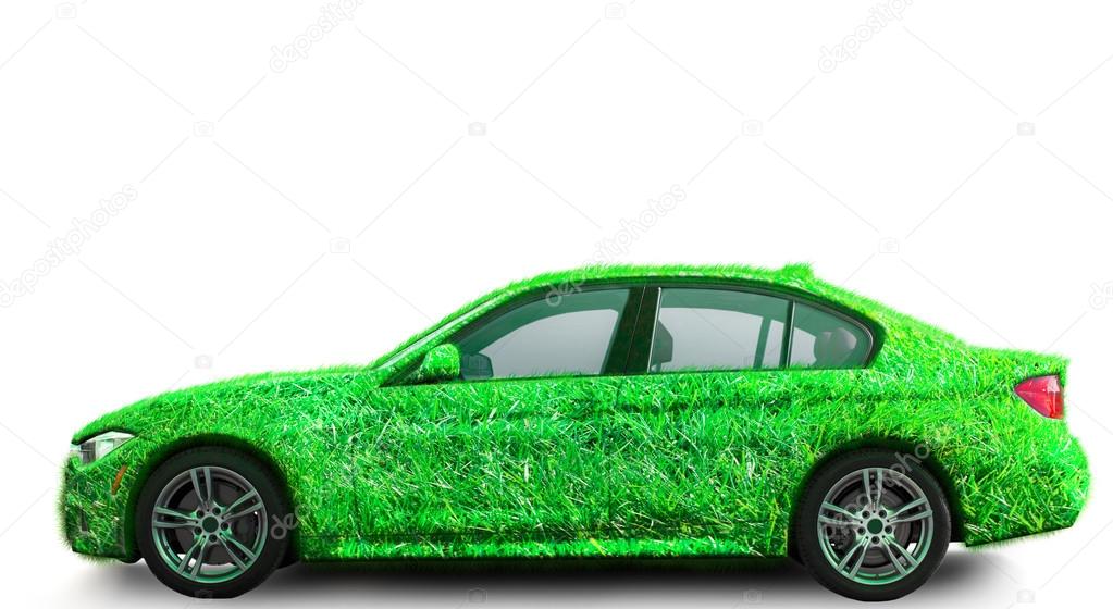 Green, eco friendly transport concept. Grass covered car.