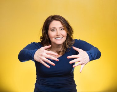 Woman with raised up palms arms at you offering hug clipart