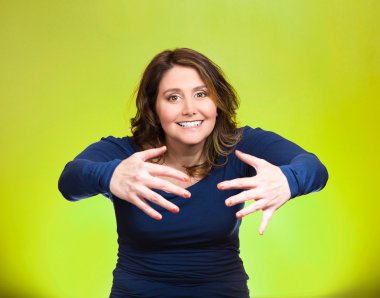 Woman with raised up palms arms at you offering hug clipart