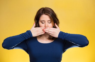 Woman covering closed mouth. Speak no evil concept clipart