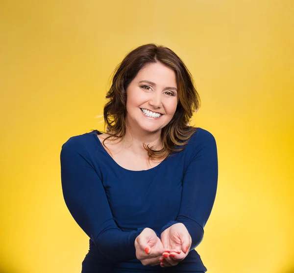 Woman with raised up palms arms at you offering something — Stock Photo, Image