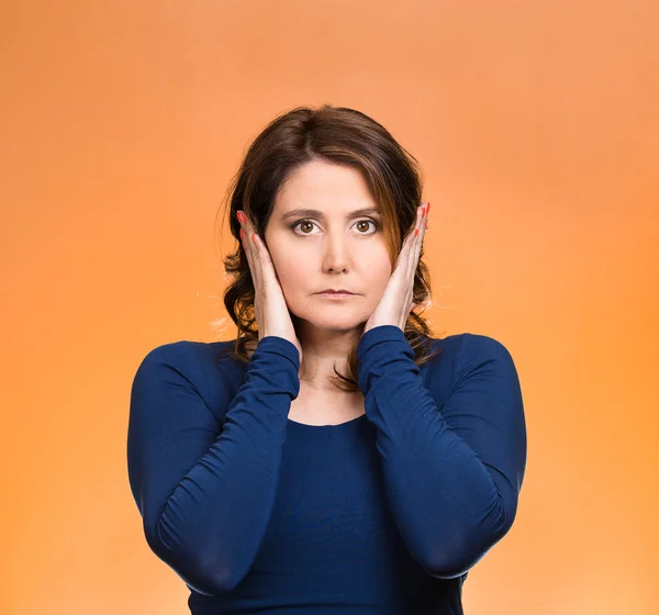 Woman, covering ears. Hear no evil concept — Stock Photo, Image
