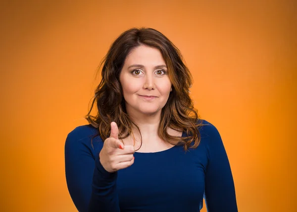 Happy woman smiling, pointing finger towards you — Stock Photo, Image