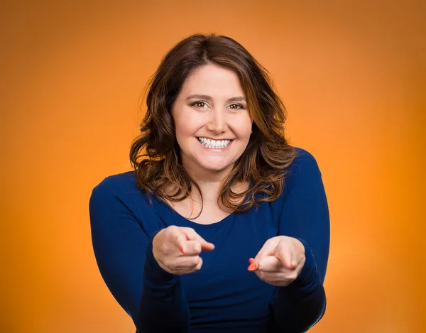 Happy woman pointing fingers at you camera gesture — Stock Photo, Image