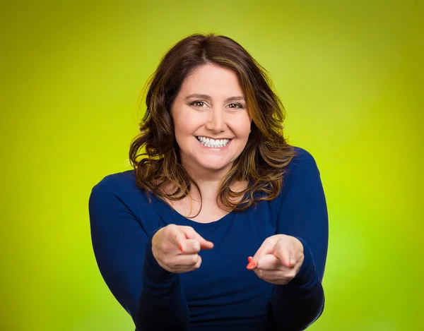 Happy woman pointing fingers at you camera gesture — Stock Photo, Image