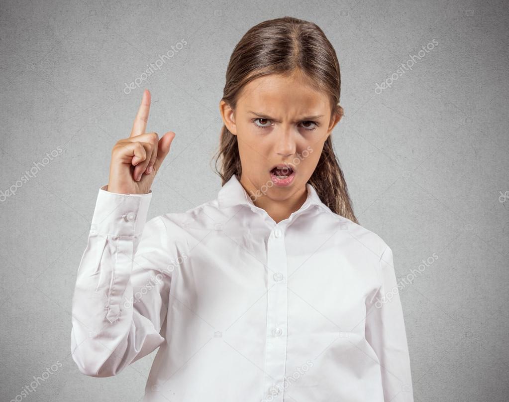 Angry girl, teenager Screaming finger pointing up