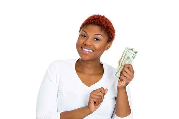 成功年轻的女商人持有货币美元的钞票 — 图库照片