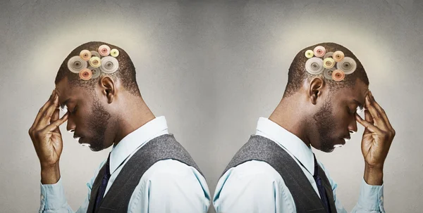 Headshot two thoughtful men, back to back thinking — Stock Photo, Image