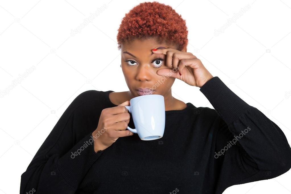 Falling asleep young woman, student holding cup off coffee