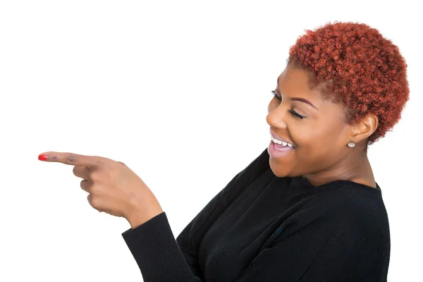 Happy, laughing woman, pointing finger at someone — Stock Photo, Image