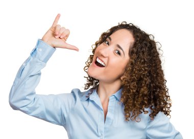 Goofy woman, gesturing with hand thumb to go party, get drunk clipart