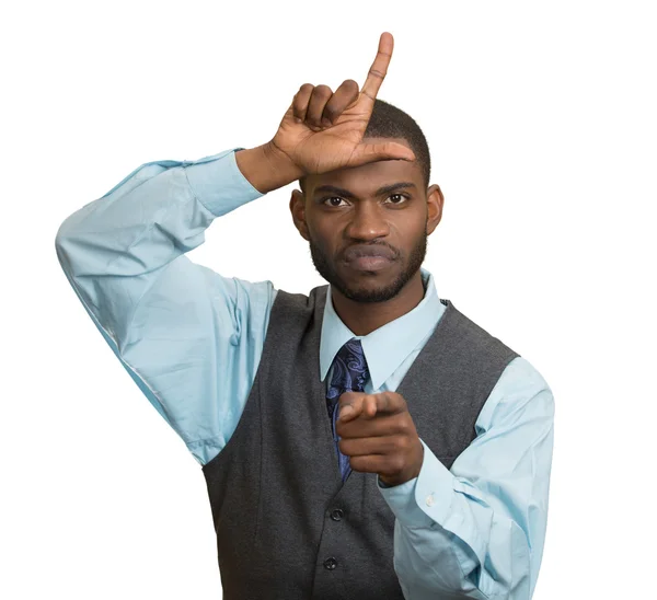 Hombre infeliz, estudiante mostrando signo de perdedor en la frente — Foto de Stock