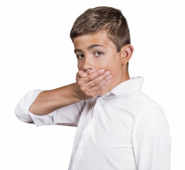 Man looking surprised, hand covering mouth, someone shut him up clipart