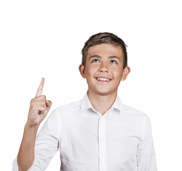 Boy looking, pointing up has idea, solution — Stock Photo, Image