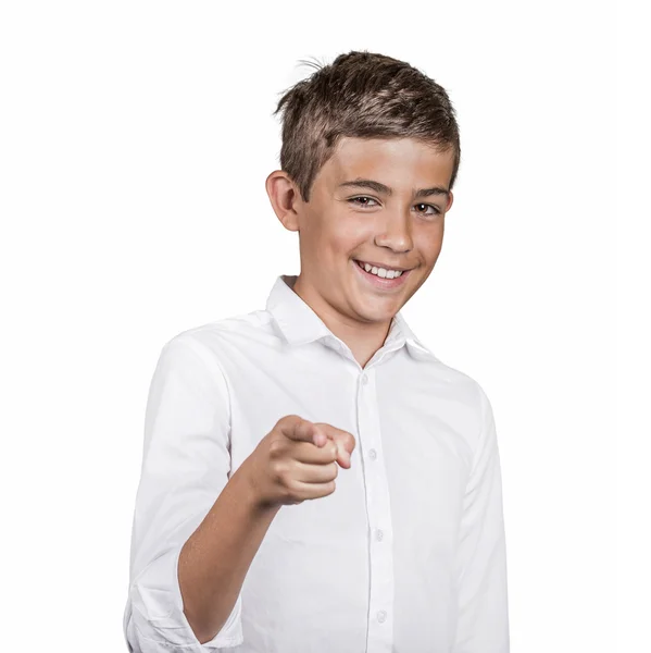 Teenager laughing, pointing with finger at someone — Stock Photo, Image