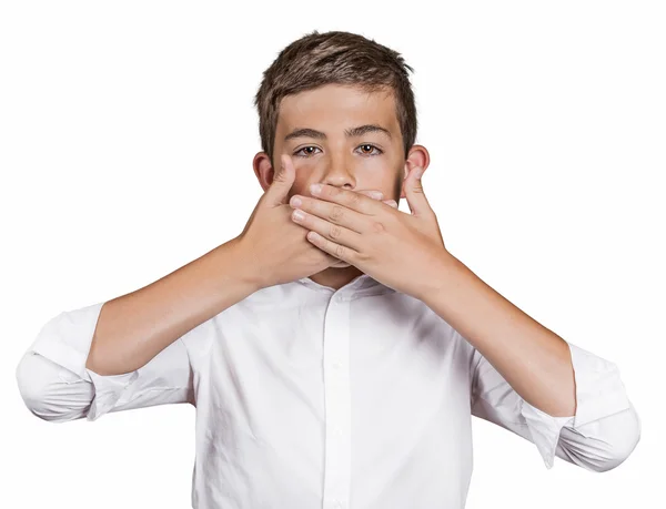Boy, covering his mouth with hands won't talk. Speak no evil — Stock Photo, Image