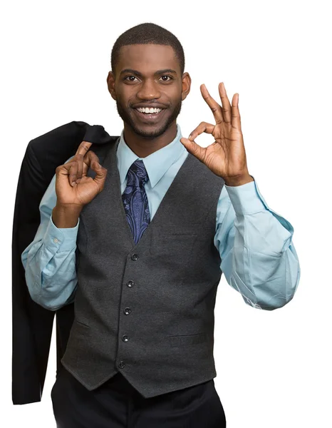 Alegre joven africano en traje completo, mostrando signo Ok — Foto de Stock