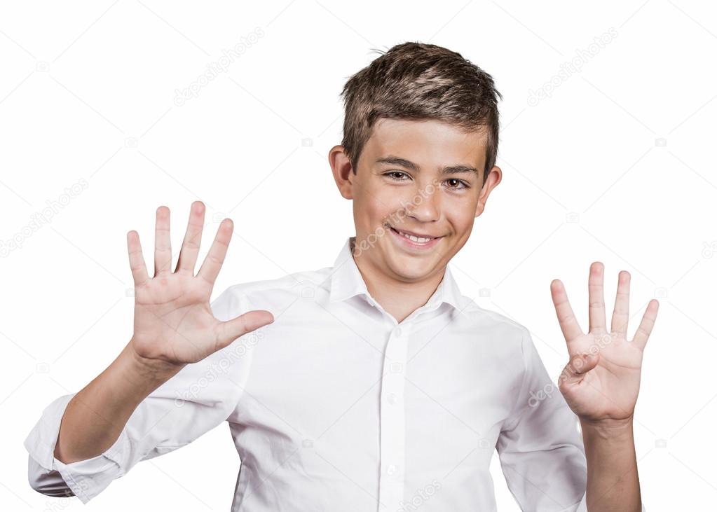 Teenager showing two hands, palms, fingers, making number nine