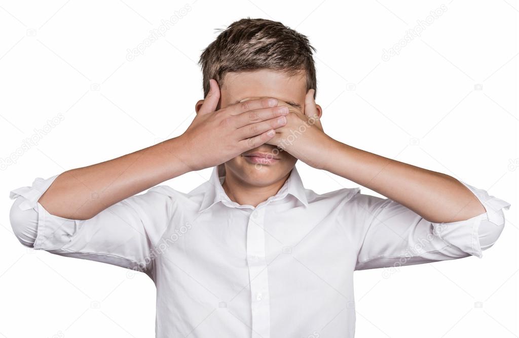 Shy man closing covering eyes with hands can't see