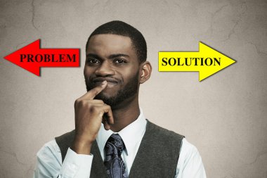 Business man thinking, looking for solution clipart