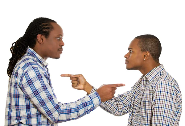 Two angry guys pointing fingers at each other, blaming each other — Stock Photo, Image