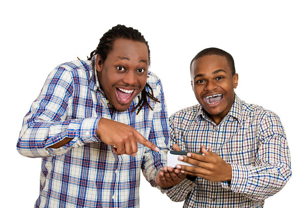 Two men looking excited, watching football game on smartphone