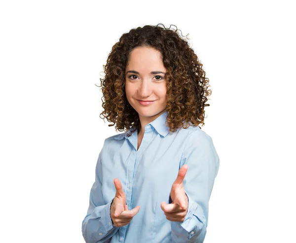 Woman with two hands guns sign gesture, pointing at you — Stock Photo, Image