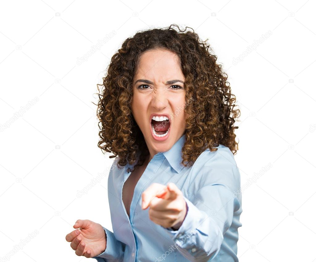 Angry woman, accusing, pointing at you with index finger