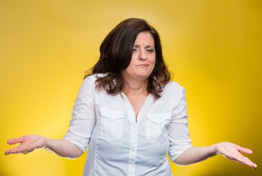  Woman with arms out asking what's the problem who cares  clipart