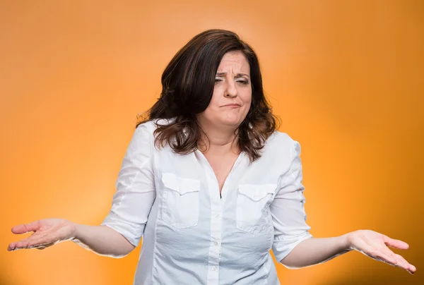 Woman with arms out asking what's the problem who cares — Stock Photo, Image