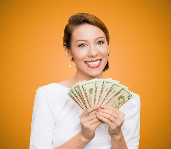 Successful young business woman holding money — Stock Photo, Image