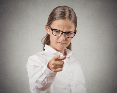 Mad teenager girl disguised as boss pointing finger at you clipart