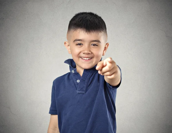 Boy laughing pointing finger at you — Stock Photo, Image