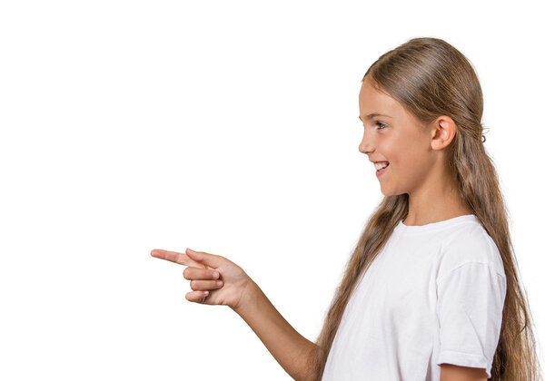 teenager girl pointing finger surprised