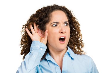 Shocked nosy woman hand to ear gesture clipart